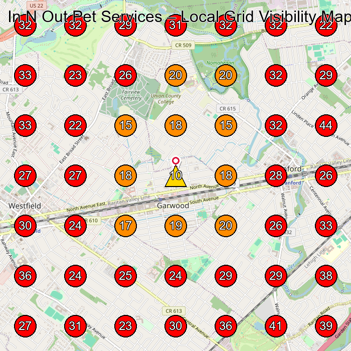 In N Out Pet Services GeoGrid visibility map for Pet Groomer in Westfield